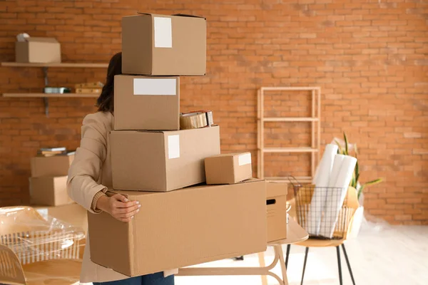 Woman Holding Cardboard Boxes Belongings Office Moving Day — 图库照片