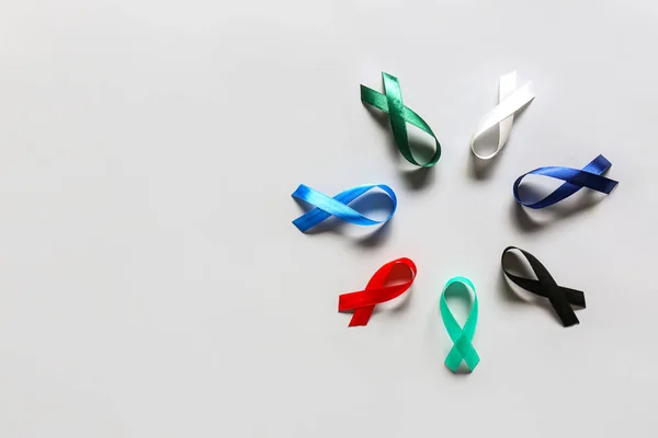 Composition Different Awareness Ribbons Grey Background World Cancer Day — Stockfoto