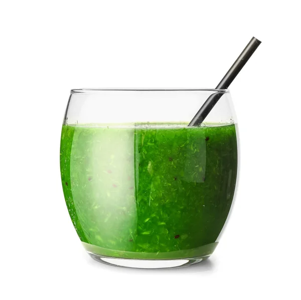 Glass Tasty Green Juice Straw White Background — Stock Photo, Image