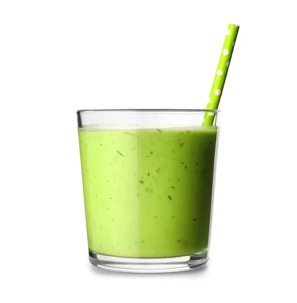 Склянка Смачного Зеленого Соку Соломою Білому Фоні — стокове фото