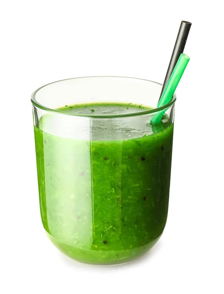 Склянка Смачного Зеленого Соку Соломою Ізольовано Білому Фоні — стокове фото