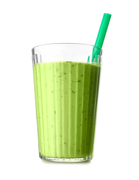 Склянка Здорового Зеленого Соку Соломою Білому Тлі — стокове фото