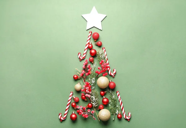 Beautiful Christmas Tree Made Different Decorations Green Background — стоковое фото