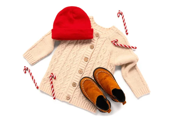 Knitted Sweater Hat Shoes Candy Canes White Background — Stock Photo, Image