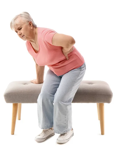 Senior Woman Suffering Back Pain Bench White Background — Photo