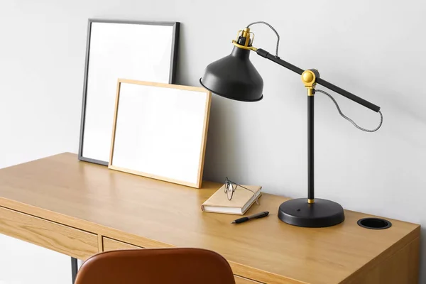 Modern Workplace Black Lamp Frames Light Wall — Stock Photo, Image