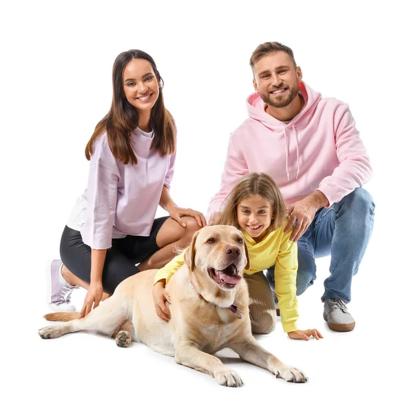 Happy Parents Cute Little Daughter Labrador Dog White Background — Stockfoto