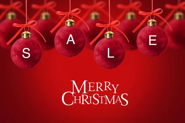 Christmas Balls Word Sale Red Background — Zdjęcie stockowe