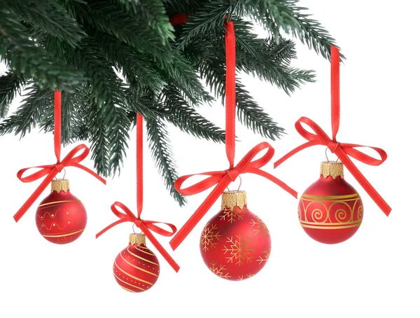 Fir Tree Branches Beautiful Christmas Balls White Background — Stock Photo, Image