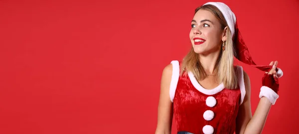 Beautiful Young Woman Santa Costume Red Background Space Text — Stockfoto
