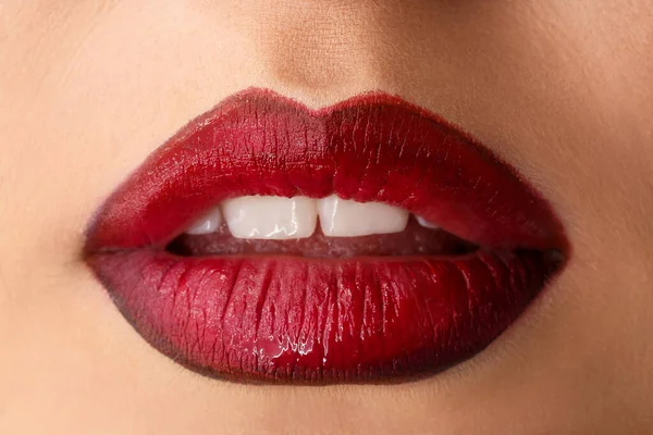 Beautiful Young Woman Red Lips Closeup — 스톡 사진