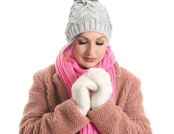 Woman Winter Clothes White Background — Stock Photo, Image