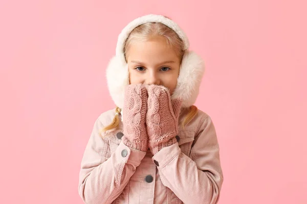 Little Girl Stylish Winter Clothes Color Background — Stock Photo, Image