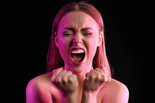 Toned Portrait Screaming Young Woman Black Background — Stock Photo, Image