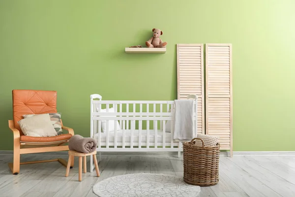 Interior Modern Children Room Beautiful Crib Comfy Armchair — Stock Photo, Image