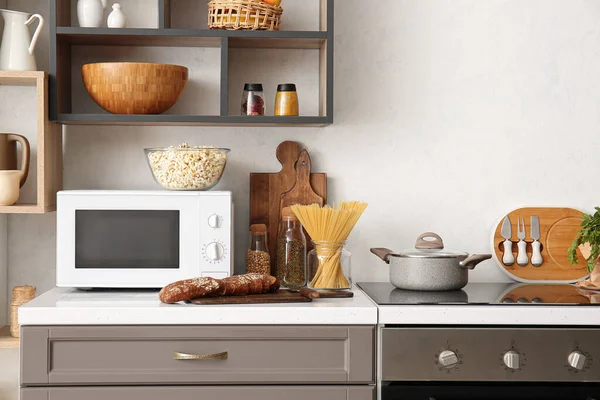 Interior Modern Kitchen Counter Shelves Utensils — Stock Photo, Image