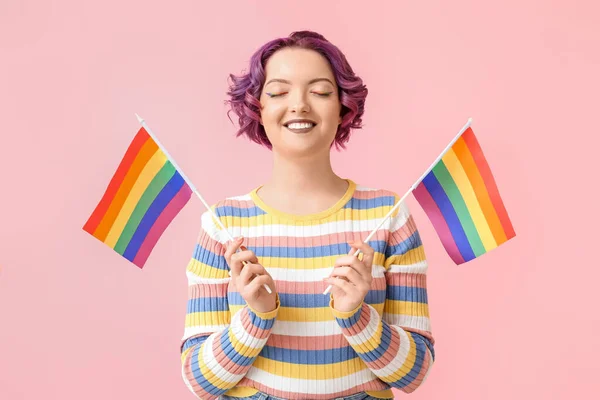 Young Woman Lgbt Flags Pink Background — Stock Photo, Image