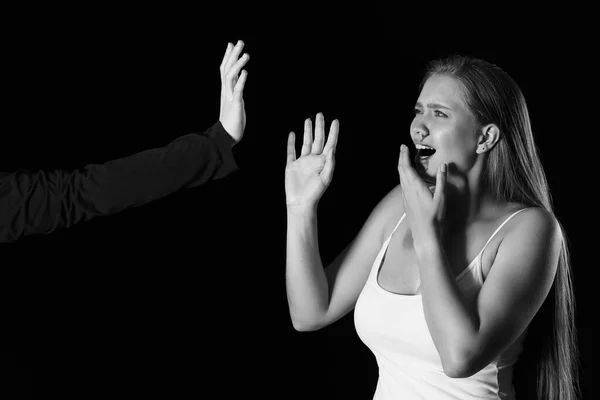 Man Beating Scared Woman Dark Background Violence Concept — Stock Photo, Image