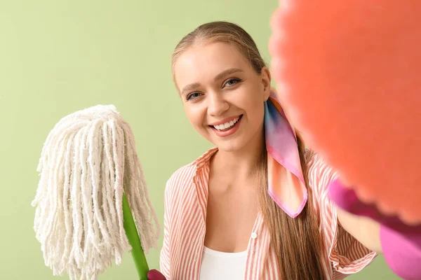 Young Woman Sponge Floor Mop Color Background — Foto Stock