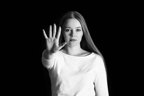 Young Woman Showing Stop Gesture Dark Background Violence Concept — Stock Photo, Image