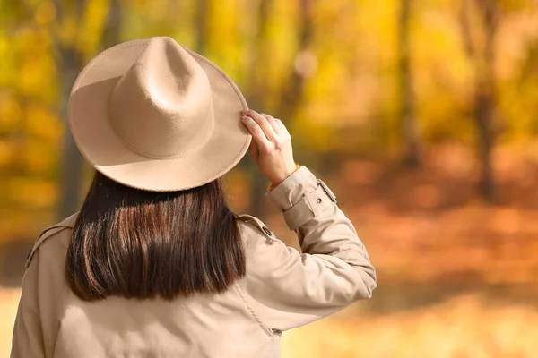 Brunette Woman Wearing Stylish Felt Hat Autumn Park — Stock Photo, Image