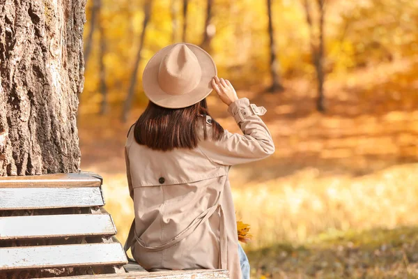 Brunette Woman Wearing Stylish Felt Hat Sitting Bench Autumn Park — Stock Photo, Image