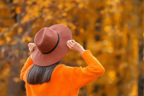 Elegant Brunette Woman Wearing Felt Hat Autumn Park — Zdjęcie stockowe
