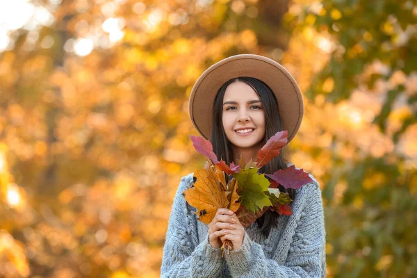 Beautiful Fashionable Woman Bouquet Different Leaves Autumn Park — Stock Photo, Image
