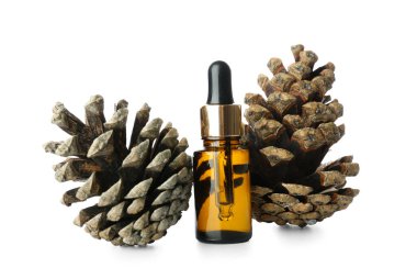 Beyaz zemin üzerinde izole edilmiş bir şişe temel yağ ve çam kozalağı.