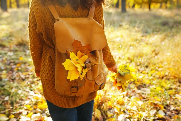 Młoda Kobieta Spacerująca Jesiennym Parku Słoneczny Dzień Zbliżenie — Zdjęcie stockowe