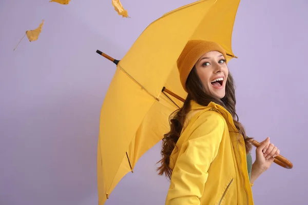 Happy Woman Raincoat Opened Umbrella Color Background — ストック写真