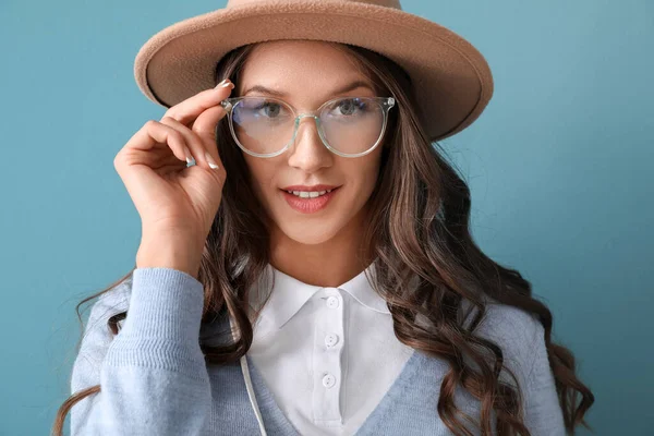 Portrait Young Woman Wearing Stylish Eyeglasses Blue Background — Fotografia de Stock