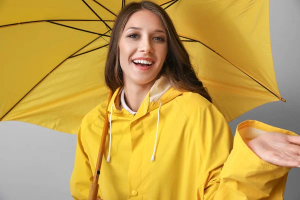 Portrait Beautiful Smiling Woman Raincoat Opened Umbrella Grey Background — ストック写真