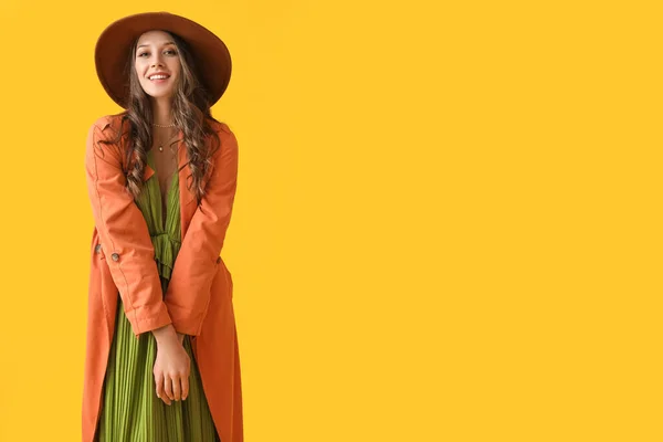 Young Fashionable Woman Wearing Felt Hat Yellow Background — Stock Fotó