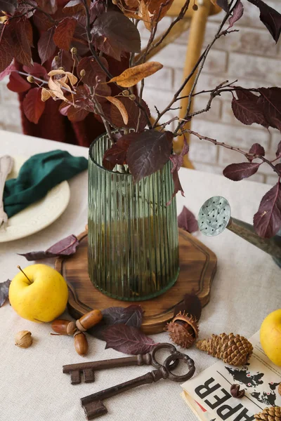 Beautiful Composition Vase Metal Keys Autumn Decor Table Closeup — Stock Photo, Image