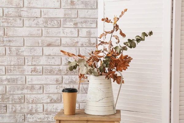 Stepladder Stool Paper Cup Drink Vase Autumn Branches Light Brick — 图库照片