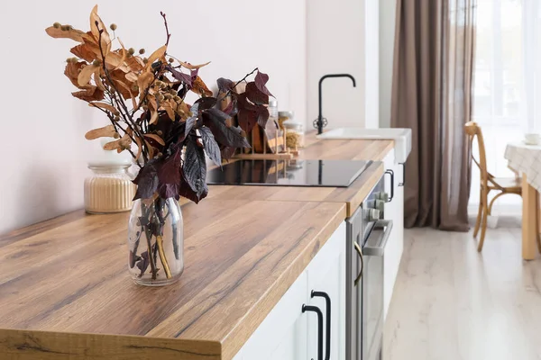 Vase Autumn Branches Wooden Counter Stylish Kitchen — Stock Photo, Image