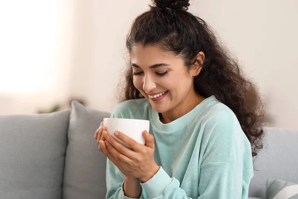 Beautiful Woman Drinking Tea Home — Stock Photo, Image