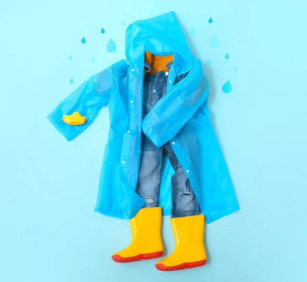 Kid Clothes Raincoat Gumboots Autumn Decor Blue Background — Fotografia de Stock