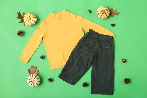 Kid Sweater Pants Autumn Decor Color Background — Fotografia de Stock