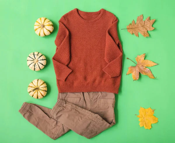 Warm Kid Sweater Pants Autumn Decor Color Background — Fotografia de Stock