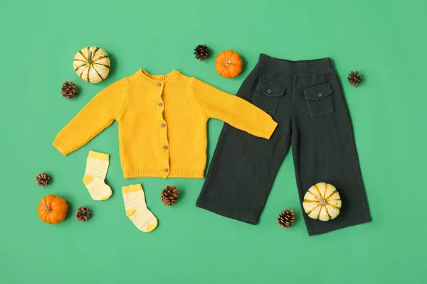 Set Baby Boy Clothes Autumn Decor Color Background — Fotografia de Stock