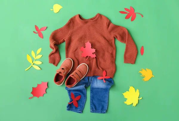 Set Baby Boy Clothes Shoes Autumn Decor Color Background — Fotografia de Stock
