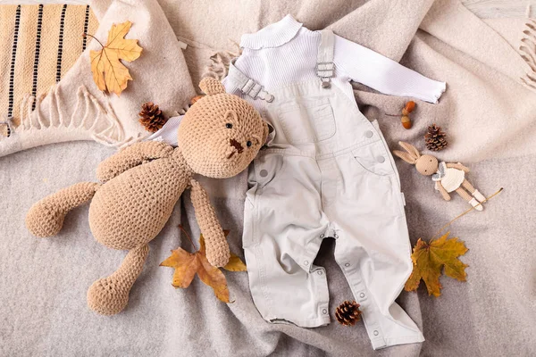 Stylish Baby Clothes Toys Autumn Decor Fabric Background — 图库照片