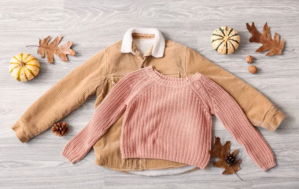 Stylish Kid Sweater Jacket Autumn Decor Grey Wooden Background — Stock Photo, Image