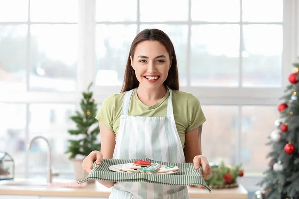 Beautiful Housewife Holding Tray Gingerbread Cookies Kitchen — Stock Photo, Image