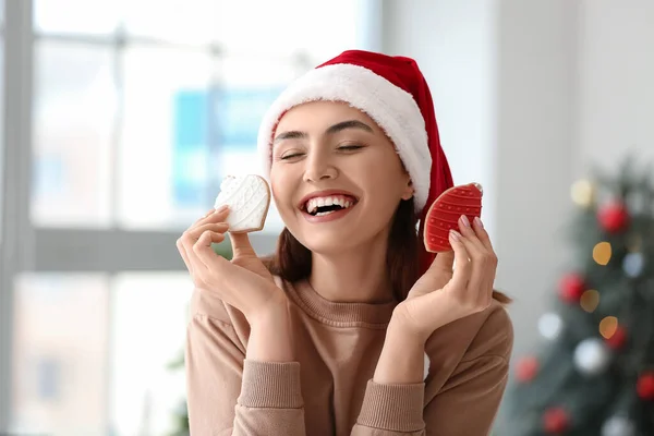 Beautiful Woman Santa Hat Gingerbread Cookies Home — Stock Photo, Image