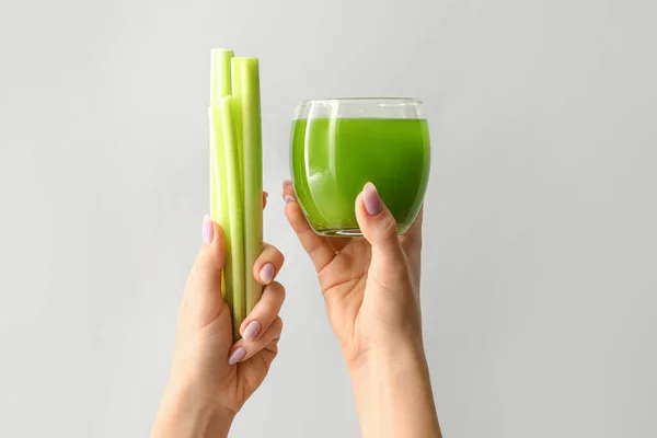 Woman Holding Glass Green Juice Celery Light Background — Stock Photo, Image