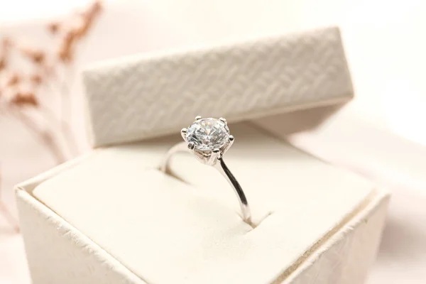 Box Silver Engagement Ring Blurred Background Closeup — Fotografia de Stock