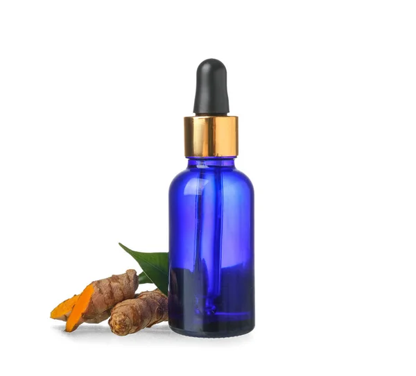 Bottle Oil Turmeric Root Leaf White Background — Stockfoto